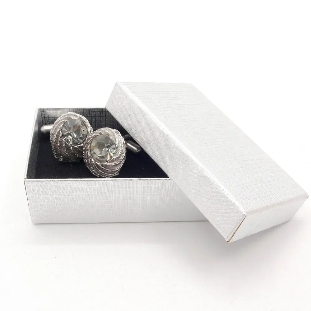 Vintage Swank Silver Tone Shell Cufflinks Smoky Rhinestone Glass MCM Wedding